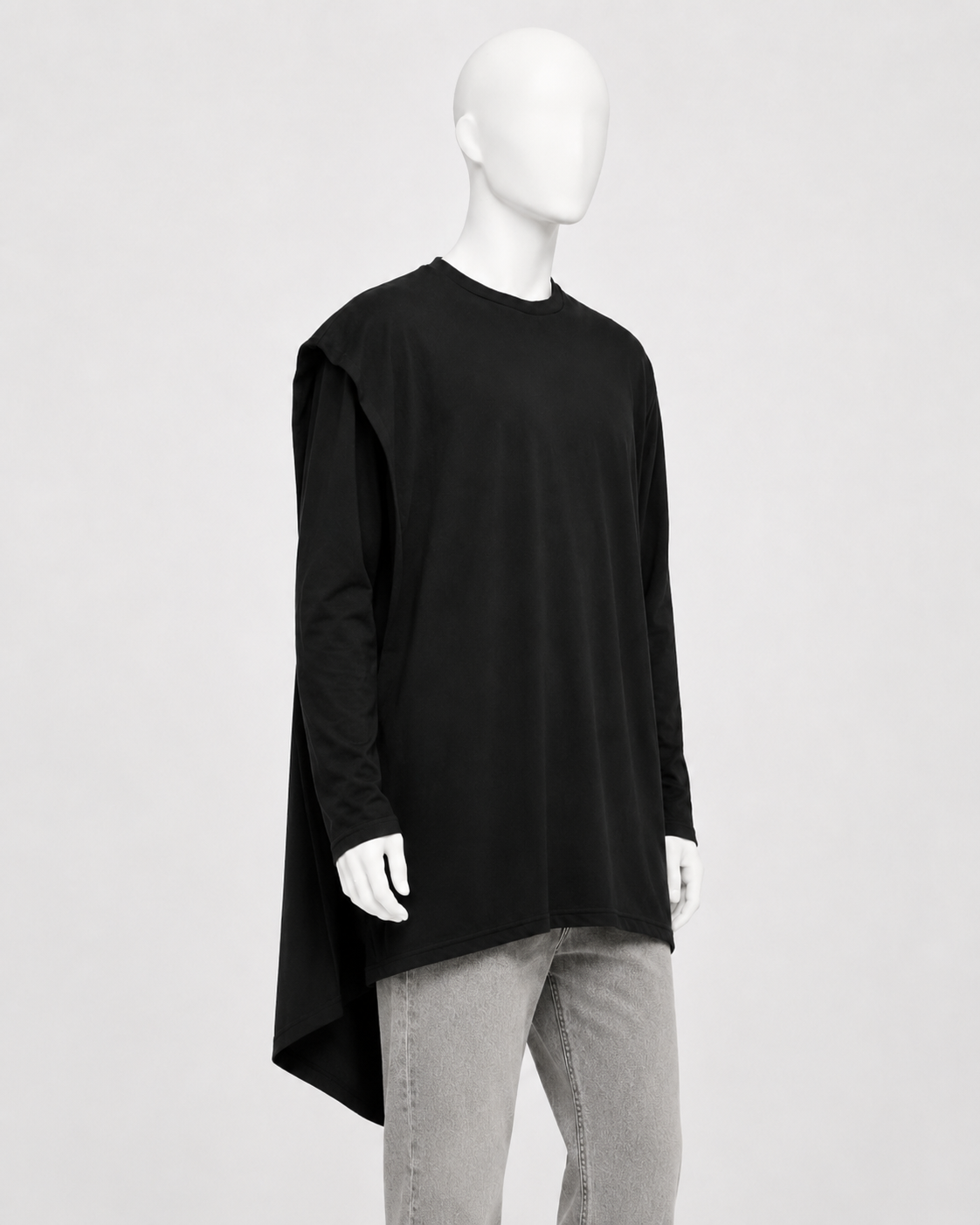 Black Asymmetric Draped Cape Longline Shirt