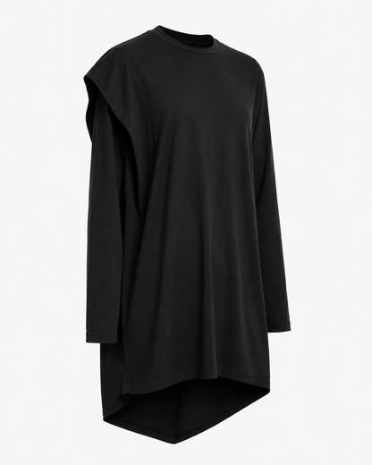 Black Asymmetric Draped Cape Longline Shirt