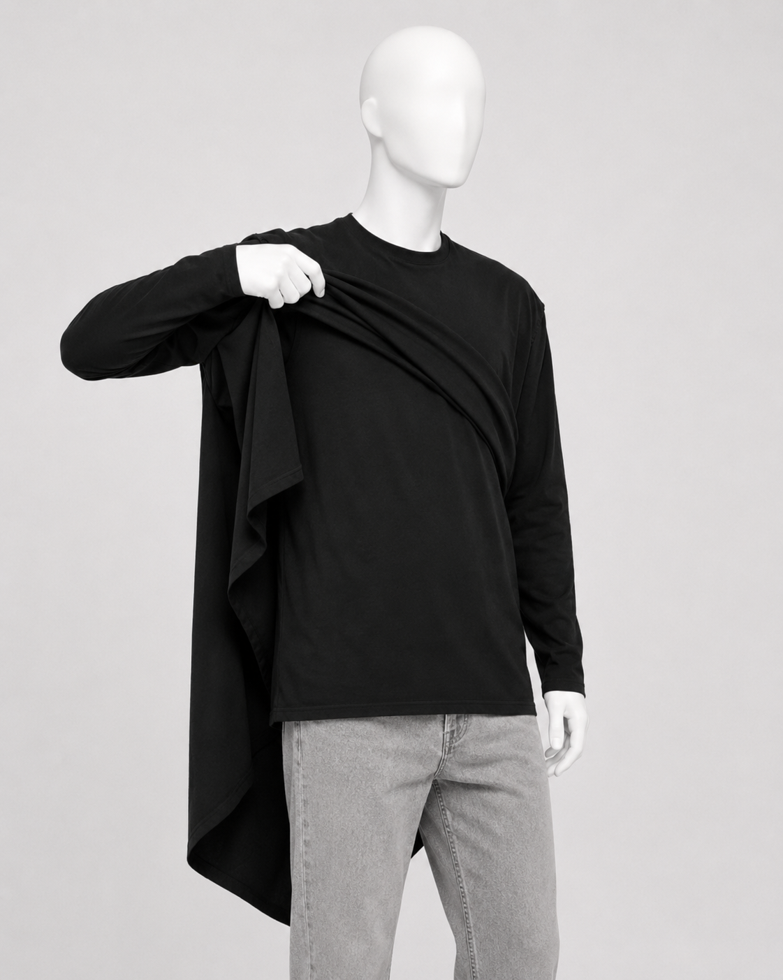 Black Asymmetric Draped Cape Longline Shirt