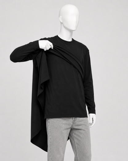 Black Asymmetric Draped Cape Longline Shirt