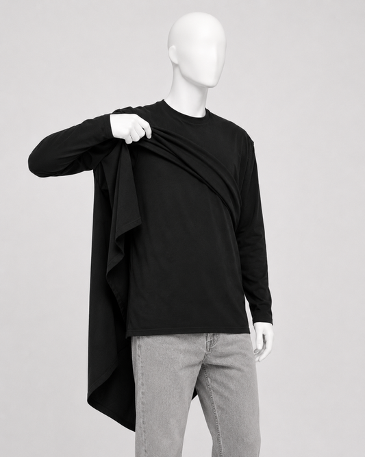 Black Asymmetric Draped Cape Longline Shirt